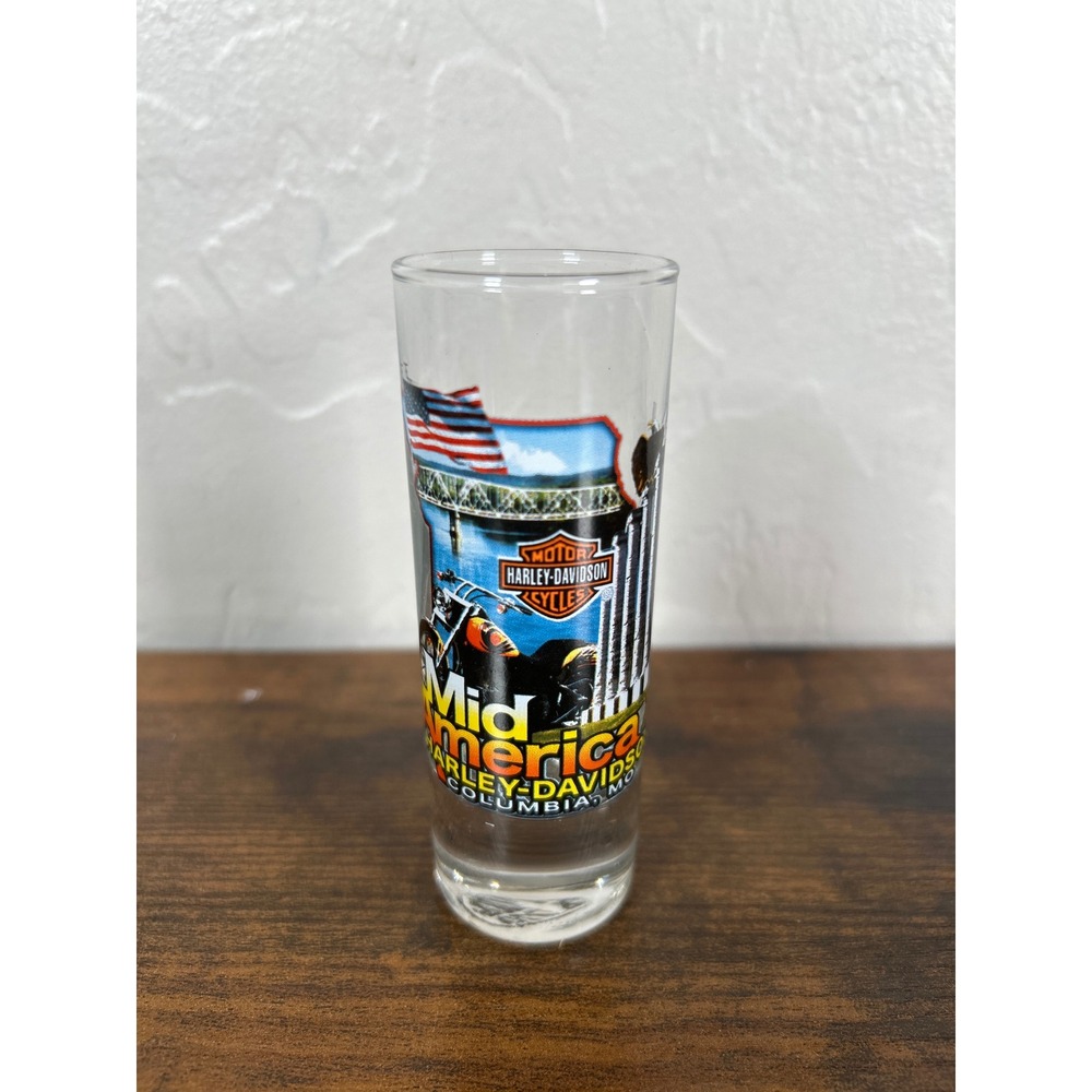 Harley Davidson Mid America Columbia Missouri Tall‎ Shot Glass Shooter Clear